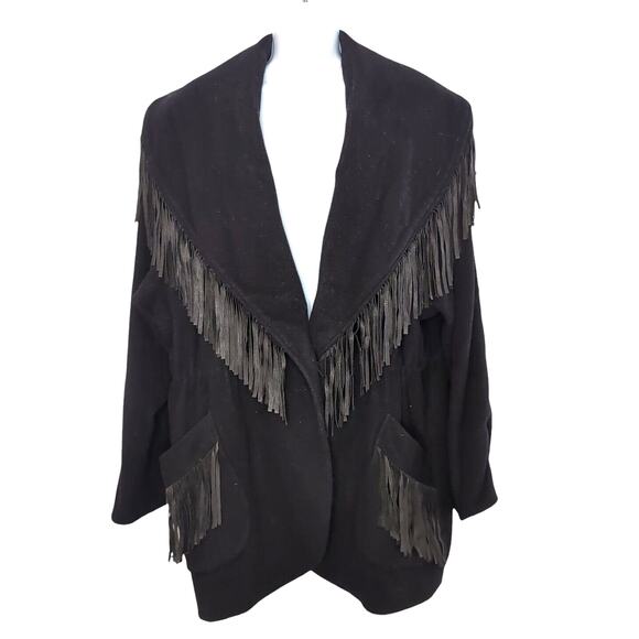 VTG Lorovi Wool Coat Women's L Black Western Fringe Wool Blend Pockets USA Made - Picture 2 of 15